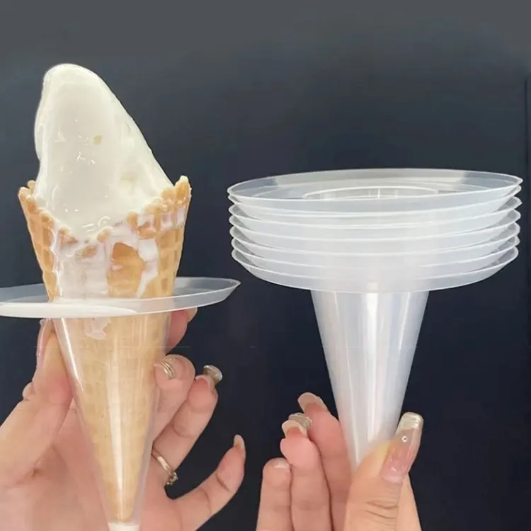 カスタムロゴ小さな使い捨て透明アイスクリーム漏れ防止カップホルダー甘いコーンクリスプコーン漏れ防止プラスチックホルダー