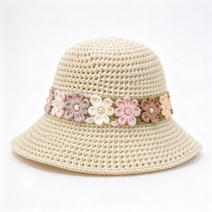 Handmade Floral Crochet Bucket <b>Hat</b> Cotton Yarn Decor Hollow Knit <b>Summer</b> Sun Cap <b>for</b> <b>Women</b> Breathable Beach Travel <b>Hat</b> - Product Image 2