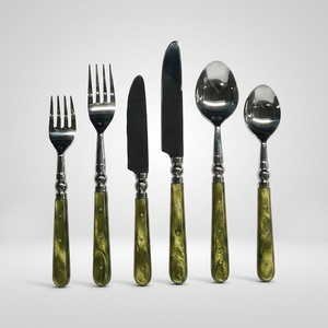 Juego de Cubiertos de Cuarzo Verde Oliva, Juego de Cubiertos de Acero Inoxidable con Mango de Resina, Juego de 6 Piezas con Acabado Plateado Brillante, Vajilla de Lujo - Product Image 1