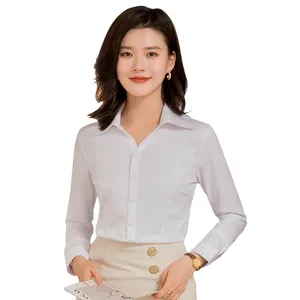 热卖廉价弹力竹布透气女式v领白衬衫办公室正式工作服修身女式衬衫