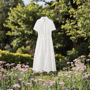 Robe d'été décontractée pour femme, style chemise, à manches courtes, brodée d'un nœud floral vintage, nouvelle mode 2026 - Product Image 3
