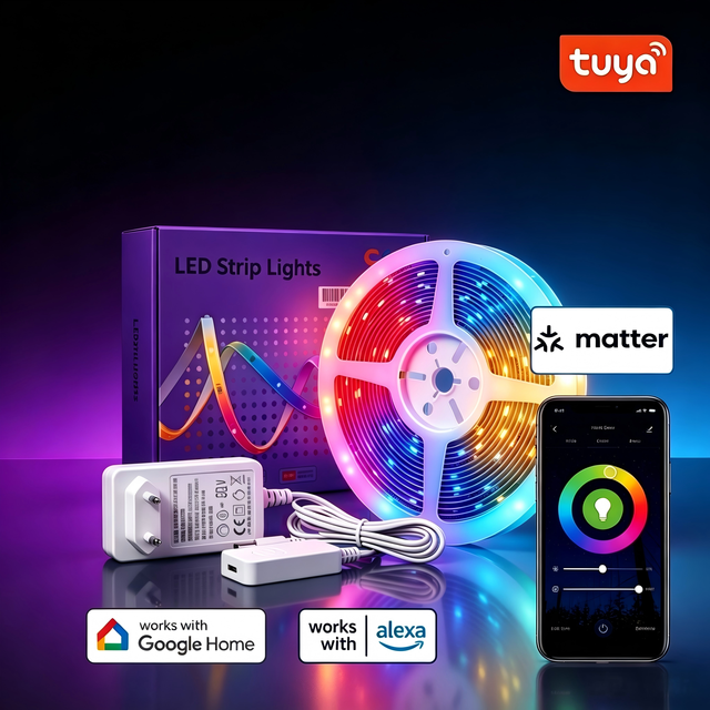 RGBW Dimmable Smart LED Strip Lights,Work with Alexa/Google  Tuya  App Matter Control for Home IP44
