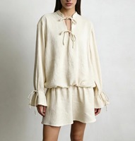 Mini-robe décontractée pour femme, assortiment, coupe ample, col montant, nœud papillon, manches longues, poignets à volants, en gaze de coton texturée, style plage