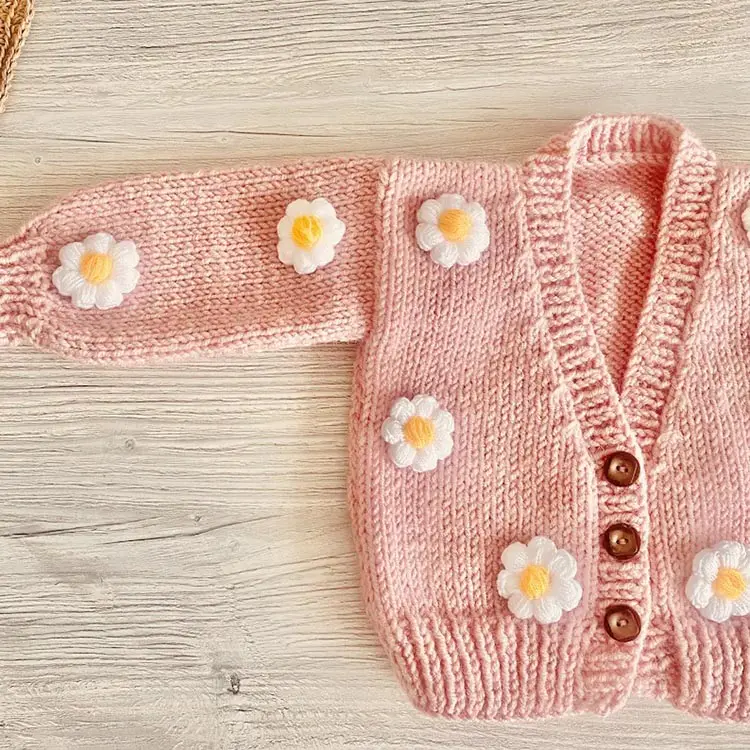 Cárdigan de lana de algodón orgánico para niñas, suéter grueso hecho a mano, diseño para bebés