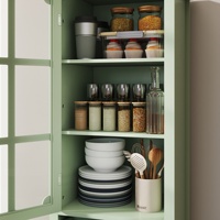 Buffet minimaliste avec portes en verre et double tiroir, armoire de rangement moderne en bois vert menthe
