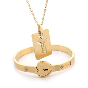 Herz-Liebesschloss-Armband und Schlüssel-Halskette-<span class=keywords><strong>Set</strong></span> aus Edelstahl in Silber/<span class=keywords><strong>Gold</strong></span> – Hochzeitsgeschenk für Paare, Kreuzmuster, Zirkonia Damen Schmuck - Product Image 3