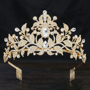 Diadème de Mariage Doré Botanique de Luxe, Couronne Nuptiale Ornée de Feuilles, Peignes Intégrés, Couronne de Concours Scintillante en Cristal pour Quinceañera - Product Image 2