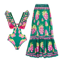 Maillot de bain femme 2026, ensemble 2 pièces avec paréo, imprimé Dongbei à volants, monokini une pièce décolleté en V profond, style kimono, tenue de plage estivale