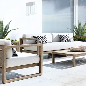 Sofa kayu jati semua cuaca desain minimalis, furnitur taman Hotel Halaman tunggal Sofa luar ruangan