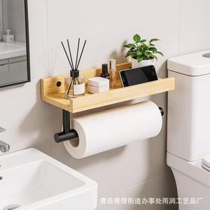 Wooden <b>Wall</b> Mount Shelf With Paper Holder <b>Storage</b> Rack For Kitchen Bathroom Multi Purpose Organizer Rectangle Shape - Product Image 3