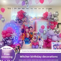 Toile de fond numérique en panneau KT, motif dessin animé mignon et moderne 'Witch Hunter Squad', pour fêtes d'anniversaire des filles de 10 ans, séances photo en hôtel et événements festifs