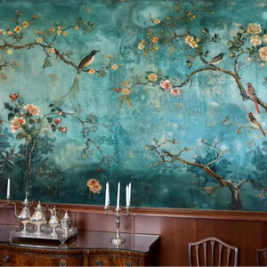 <span class=keywords><strong>Papier</strong></span> <span class=keywords><strong>peint</strong></span> mural floral antique, fond turquoise patiné avec oiseaux exotiques et fleurs, <span class=keywords><strong>pour</strong></span> <span class=keywords><strong>salle</strong></span> <span class=keywords><strong>à</strong></span> <span class=keywords><strong>manger</strong></span>, salon, design classique - Product Image 1
