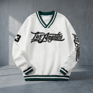 Men's V-<b>neck</b> Oversized Knitted Pullover Sweatshirt Breathable Anti-Wrinkle White Green Stripe Casual Sportswear Winter 300g - Product Image 3