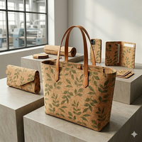 Nouvelle boîte d'emballage haut de gamme en tissu de liège imprimé motif feuille verte, sac de shopping en liège véritable écologique, tissu d'emballage en liège
