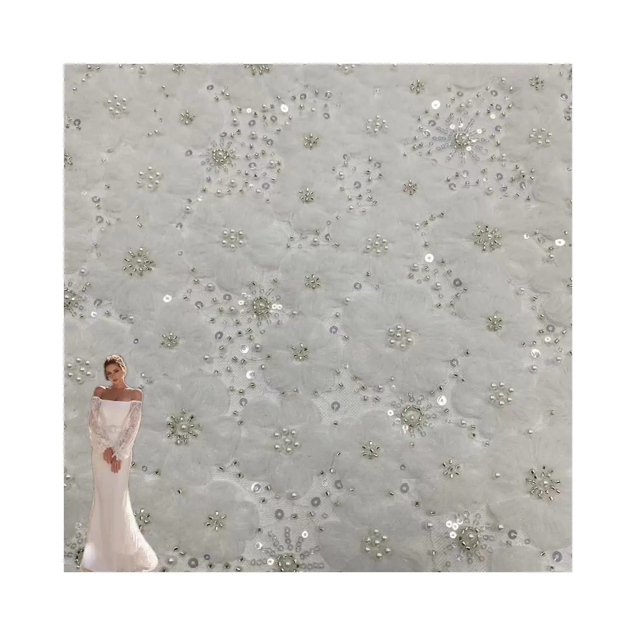 Fashion Design poliestere da sposa 3d con perline e paillettes di perle tessuti ricamati per il vestito