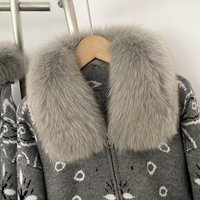 Cardigan en tricot luxueux pour femme avec col en vraie fourrure de renard, jacquard vintage, fermeture éclair, poches, doux, chaud, hiver, épaules dénudées