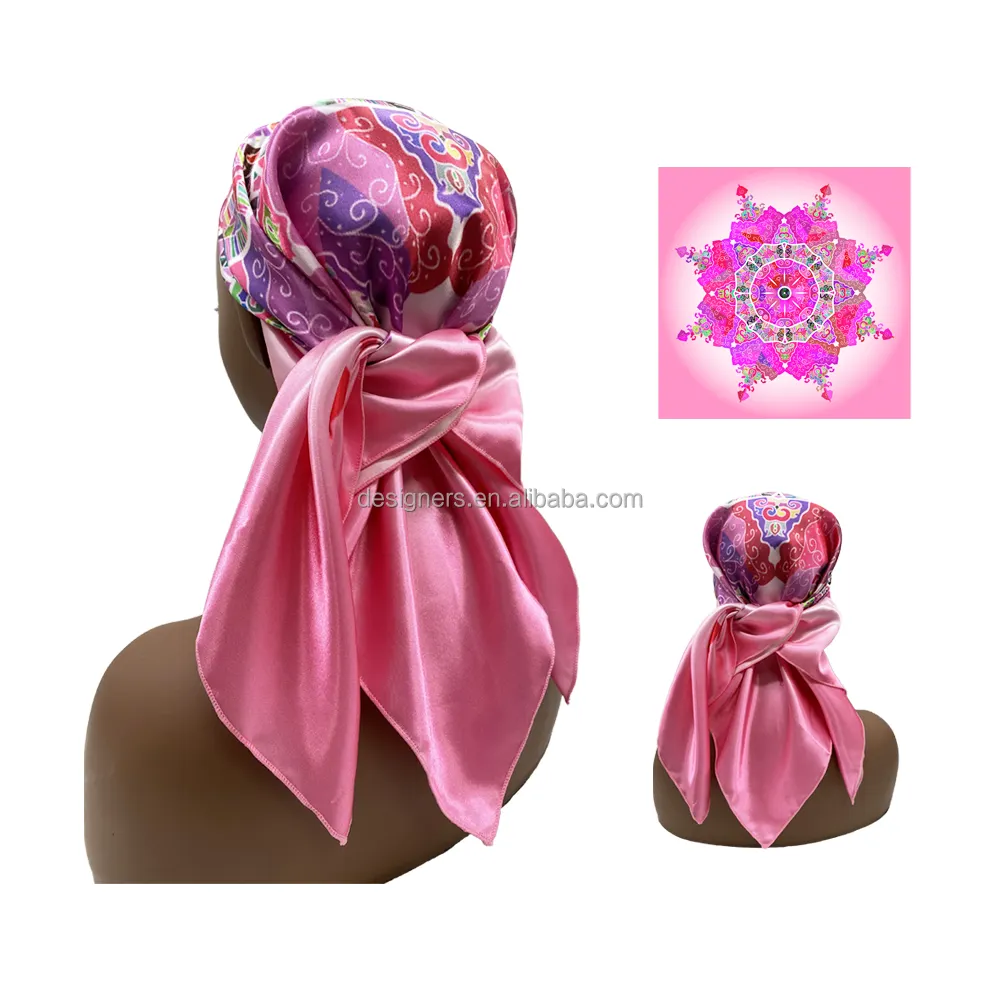 Custom print logo stylish long scarves square polyester silk satin designer head scarf for women