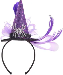 万圣节巫婆帽子服装配件万圣节化妆舞会头带派对用品巫婆帽子配水钻蜘蛛发箍