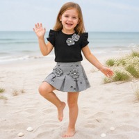 Ensembles 2 pièces d'été pour filles style occidental : Haut côtelé uni à motif floral élégant + Jupe plissée trapèze