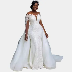 W036# Off-Shoulder Detachable Train Wedding Dress Strapless Long Sleeve African Lace Tulle Appliques Mermaid Bridal Gown