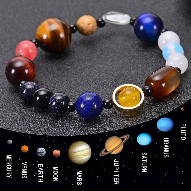 Beautiful Handmade Natural Red Blue Tiger Eye Stone Bead Bracelets Eight Planet Solar System Universe Galaxy Space Jewelry