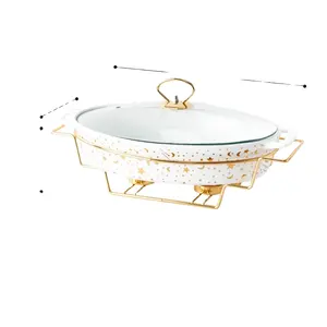 Nordisches Design Luxus Golden Restaurant Kochgeschirr Food Warmer Oval Keramik Chafing Dish Buffet Gerichte mit Glas deckel