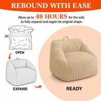 Neu eingetroffener Akzentstuhl: Luxuriöses, beige, abgerundetes Sofa mit breiter Sitzfläche in Kompressionsverpackung für moderne Wohnzimmer