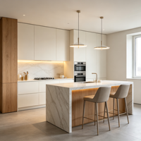 Meubles de cuisine contemporains de luxe sur mesure en MDF avec îlot en cascade, quincaillerie dorée, dressing, TV, salle à manger/salon