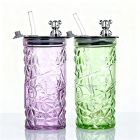 Tasses à eau en verre d'ours Tasses à boire minces de grande capacité de haute qualité avec couvercles Tasse en verre avec paille Tasses à lait avec couvercle