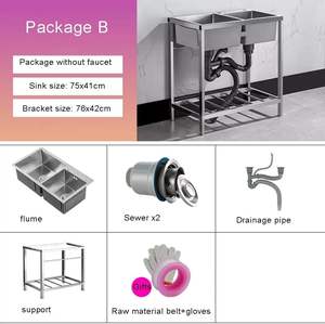 Évier de <span class=keywords><strong>cuisine</strong></span> commercial en acier inoxydable à double bac avec égouttoir, plan de travail intégré et étagère de rangement, lavabos - Product Image 6
