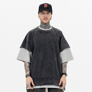 MT2636 Custom Streetwear <b>Patchwork</b> Double Layer 300 Gsm Vintage Oversized TShirt Men Washed Black T <b>Shirts</b> - Product Image 1