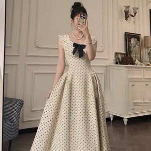 French Style Polka Dot Bow Dress Women Empire Waist Peter Pan Collar Long Dress Daily Casual Apricot Color - Product Image 3