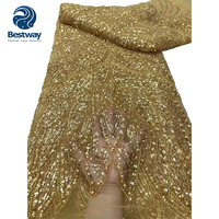 Bestway manik-manik kain renda bordir renda jaring oranye dengan payet kain renda jaring Afrika untuk wanita