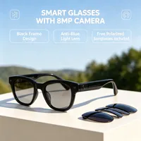 Lunettes intelligentes anti-lumière bleue avec caméra 8MP, traduction en temps réel, 1 paire de verres solaires inclus, appels téléphoniques IA
