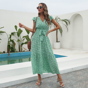 <span class=keywords><strong>Robe</strong></span> <span class=keywords><strong>longue</strong></span> maxi décontractée en polyester, été, vert menthe, imprimé floral, en mousseline, col en V, coupe trapèze, volants, manches courtes, ceinture empire - Product Image 3