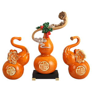 Ornement en forme de gourde de style chinois, en résine, Feng Shui, décoration de salon, ensemble multi-pièces, orange avec base noire - Product Image 5