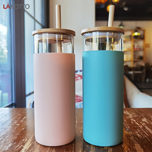Bottle Water Sport Glass Drinking Water Bottle New Creative Eco-friendly 500ml Glass Tumbler Bamboo Lid Silicone Sleeve Bottle Glass Water Drinking Bottle With Straw