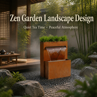 Sculpture de jardin lumineuse en acier Corten, sphère creuse, style Art déco industriel moderne, effet patiné, fontaine solaire