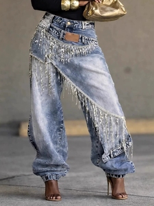 <span class=keywords><strong>Jean</strong></span> ample rétro délavé de haute qualité avec pampilles en cristal et double couche, <span class=keywords><strong>style</strong></span> streetwear pour <span class=keywords><strong>femme</strong></span> - Product Image 4