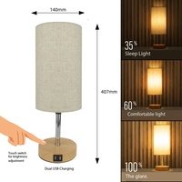 Lampe de table minimaliste en tissu de lin avec double port USB, variateur d'intensité 3 niveaux, interrupteur filaire, 110-240V, garantie 1 an