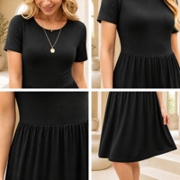Robe d'été noire pour femmes, mini-robe plissée, robe trapèze, longueur genoux, manches courtes, robe décontractée avec poches latérales