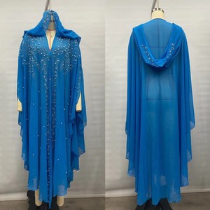 Robe longue élégante à capuche en mousseline de soie ornée de perles et de strass pour femme, style cape-châle, très populaire - Product Image 3