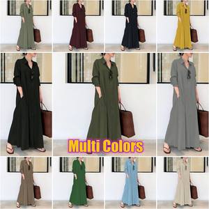 Robe longue décontractée unie pour femme H-450, style abaya musulmane, à col à revers, boutonnage simple, poches, manches longues, coupe ample - Product Image 6