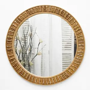 Moldura de espelho redonda de bambu para parede, moldura decorativa personalizada para parede, espelho redondo natural feito à mão, jacinto de água
