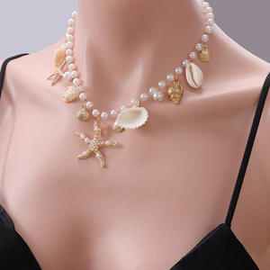 Bohemian Summer <b>Beach</b> Seashell <b>Necklace</b> Imitation Pearl Starfish Conch Pendant Party Jewelry - Product Image 1