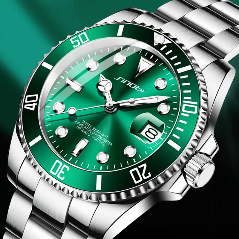 Sinobi S9721G Mens Luxury Watch Stainless Steel Strap Sport Waterproof Green Water Ghost Watch Quartz Men's Watches