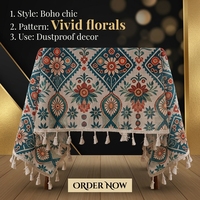 Nappe carrée en polyester tissé à motif floral ethnique bohème, anti-poussière, réutilisable, pour la maison, la salle à manger et la cuisine