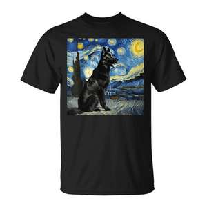 Camiseta negra con diseño de Pastor alemán y Noche estrellada de Van Gogh - Product Image 1