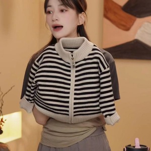 Women's Striped Zipper Cardigan Short Sleeve Knit Sweater Contrast Color Casual Wear - Product Image 2