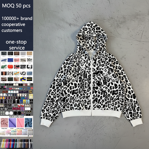 Custom 350gsm Habits Homme Top Trending Leopard Print Hoodies Luxury Blank Ribbed Design Black and <strong>White</strong> <strong>Zip</strong> <strong>up</strong> Hoodies Jackets - Product Image 1